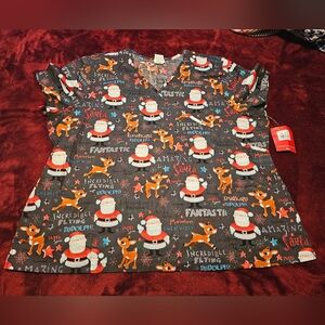 Festive Santa and Reindeer Print Scrub Top